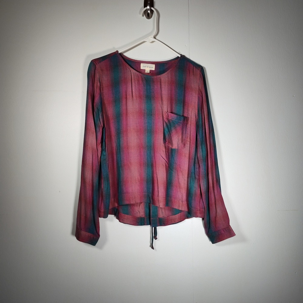 Cloth & Stone Pink Teal Plaid Flannel Lace Up Back Blouse Top Medium
